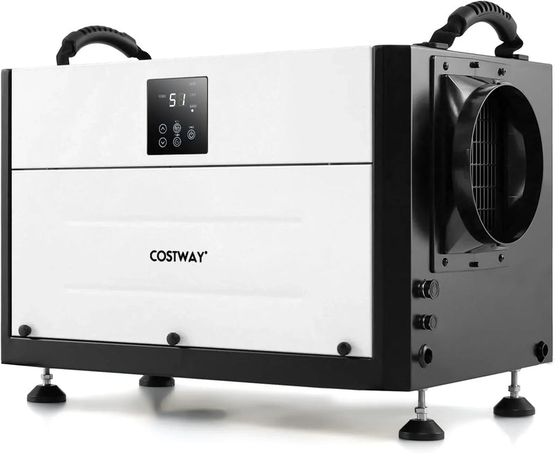 Commercial dehumidifier, suitable for 1300 square feet of basements, storage areas or work sites, equipped with a 9.8-foot drainage pipe and a wired remote control panel, white model. P7