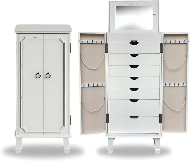 Hives and Honey Cabby Standing Jewelry Armoire – Fully Locking Wood Jewelry Storage with Mirror, 7 Drawers, Necklace Hooks, and Anti-Tarnish Lining — Turquoise R5