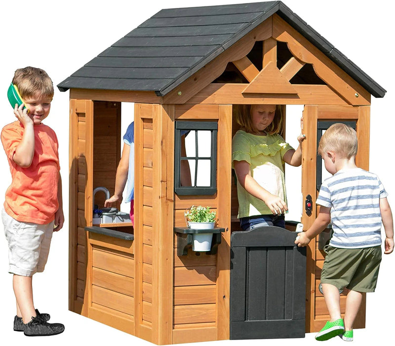 Children's playhouse cabin, equipped with a game kitchen, snack bar, half-door, toy phone, windows, flower pot stand and an operable doorbell, suitable for creative outdoor games. M5