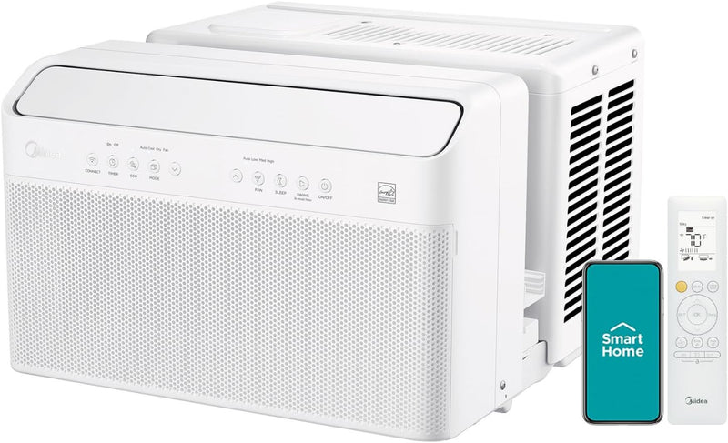 8,000 BTU U Shaped Smart Inverter Window Air Conditioner, Cools up to 350 Sq. Ft., Ultra Quiet with Open Window Flexibility, Works with Alexa/Google Assistant, 35% Energy Savings, Remote Control W5