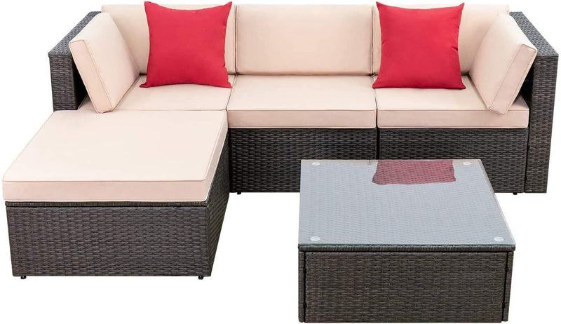 5 Pieces Patio Furniture Sets All Weather Outdoor Sectional Patio Sofa Manual Weaving Wicker Rattan Patio Seating Sofas with Cushion and Glass Table(Beige) Z5