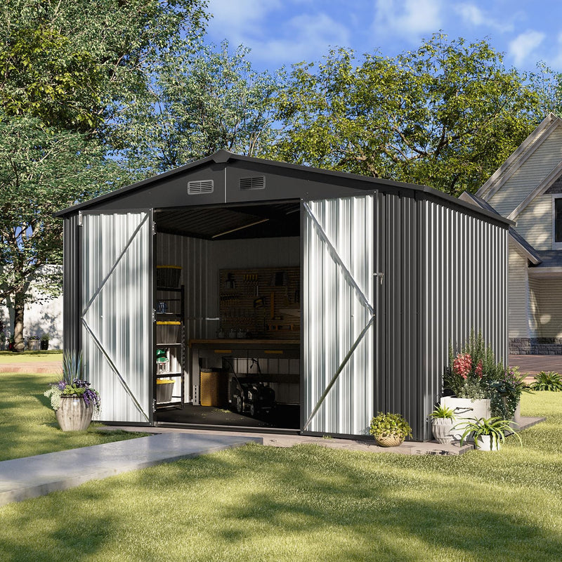 5x2.7 FT Outdoor Metal Storage Shed - Durable Water-Resistant Galvanized Steel, Sloping Roof Design, Lockable Door - Ideal for Tool Storage on Lawn, Patio & Backyard (Black) V4
