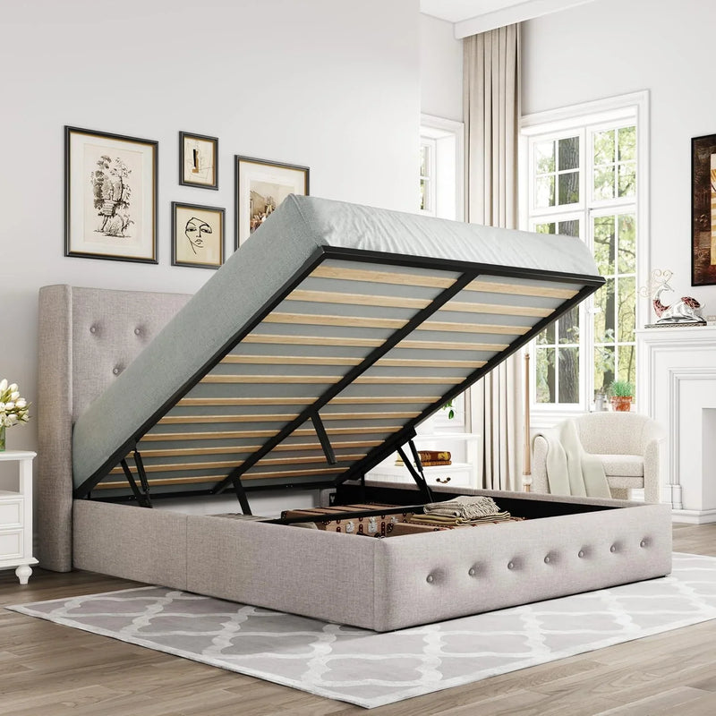 Queen Size Lift Up Storage Bed, Modern Wingback Headboard, Hydraulic Support, No Box Spring Needed, Light Beige K8