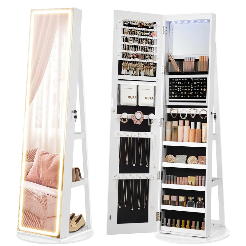 LED Mirror Jewelry Cabinet Standing Jewelry Armoire Organizer Box with Full-Length Mirror and Adjustable LED Lights White U4