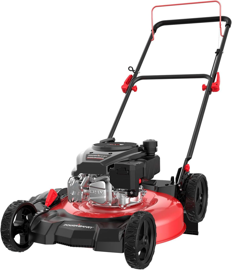 21-inch gas-powered lawn mower, equipped with a 144cc four-stroke all-terrain engine, featuring both crushing and side-discharge functions, with adjustable cutting height ranging from 6 positions. O0