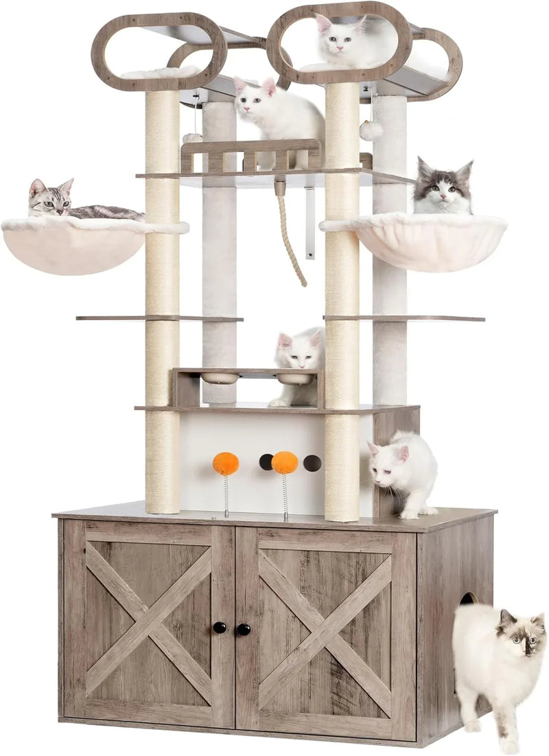 The Habori cat climbing frame with cat litter box storage box, a 76.8-inch wooden Menicos cat tower, equipped with a feeding station and a large platform, modern-style large cat apartment furniture, with a climbing column made of full Nisaal material I0