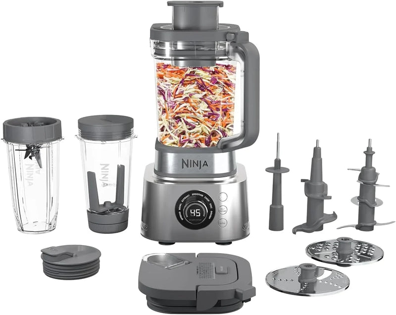 Blender and food processor combination set, Foodi powerful blender system, suitable for making smoothies, bowl foods, spreads and milkshakes, with 6 functions, 72-ounce water jug, portable cup, silver color, SS401 model. X9