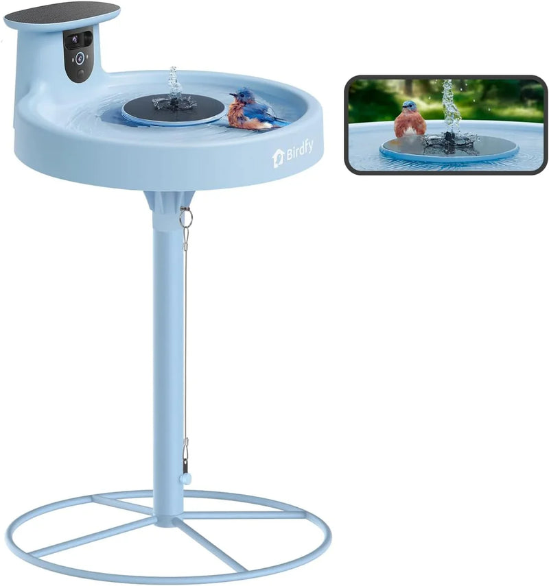Smart Bird Bath, equipped with a camera, solar power supply, fountain and stand. It features a dual-lens camera for bird observation, automatically captures bird videos and has motion detection functionality. W0
