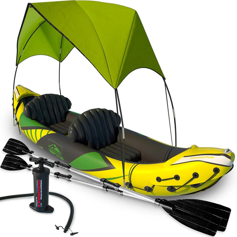 Inflatable Kayak 2 Person with Sun Canopy (Detachable) Kayaks for Adults 3rd Seat for Dog/Child Waterproof Phone Bags Adjustable Seats Kayak Backrests & More New 2024 Yellow Green V1