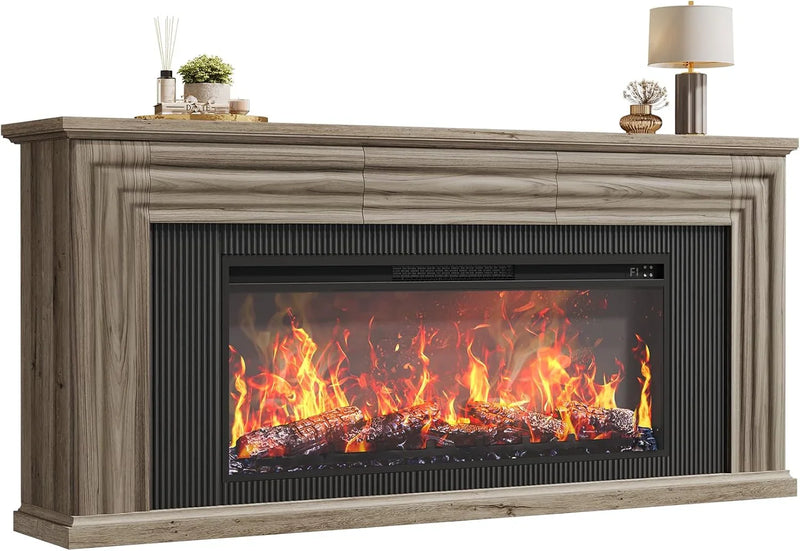 75-inch wall-mounted TV cabinet, rustic modern entertainment center with fireplace, 70-inch media cabinet with 3 drawers, featuring a recessed design, suitable for the living room, black version G3