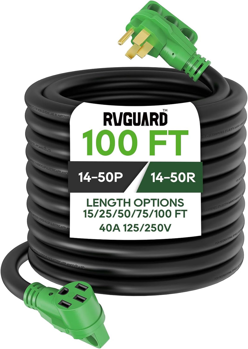 40 Amp 100 Foot RV/EV Extension Cord, NEMA 14-50P/R Heavy Duty Extension Cord with LED Power Indicator and Cord Organizer, Green, T3