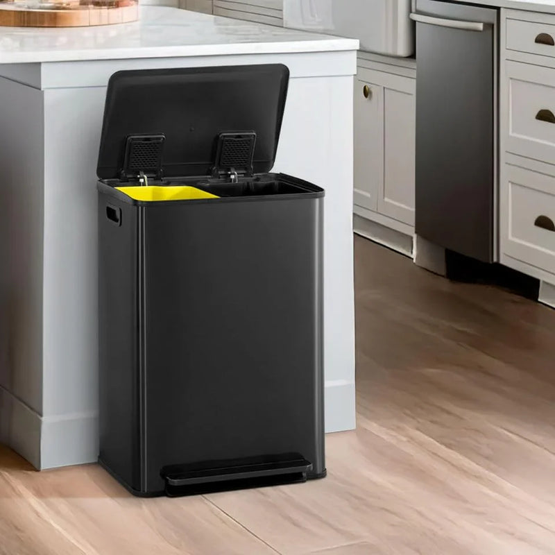 CAPHAUS Dual Trash Can with Double Lid, Trash and Recycle Bins Combo, Hands-free Stainless-Steel Garbage Can for Kitchen, with 2 Compartment, Hinged Lid, Odor Filters, Handles, 25L 25L, 2 x 6.6 Gallon T4