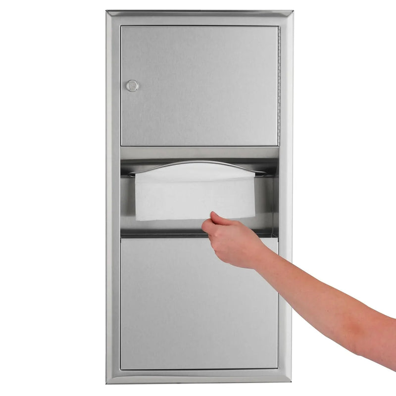 Wall-mounted tissue dispenser and waste paper storage box. Mirror-polished stainless steel material. 2-gallon capacity. Can hold 350 single-layer or 475 multi-layer tissues. Easy to install. Suitable for commercial bathrooms. N4