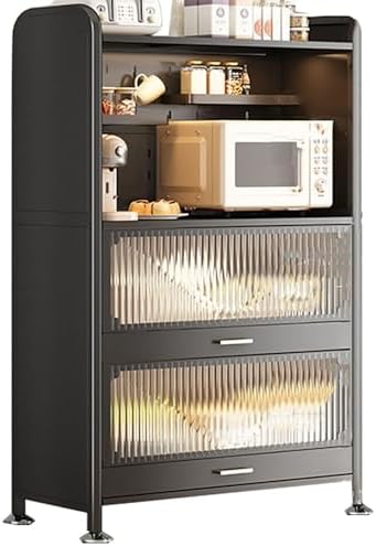 Wall Mounted Pegboard & Microwave Storage Rack - 4/5-Tier Kitchen Baker's Rack with Flip Dual Door Cabinet & Metal Shelves for Small Appliances & Kitchen Organization T1