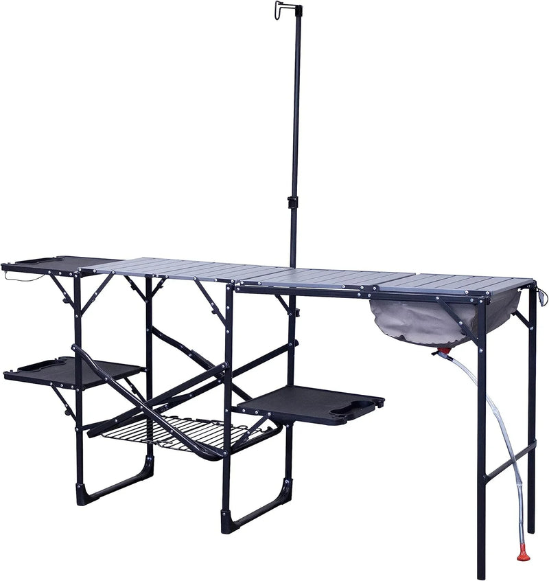 Outdoor chef station | Portable folding kitchen table, equipped with a soft-shell sink, heat-resistant tabletop and telescopic lamp pole, ideal for camping trips L9