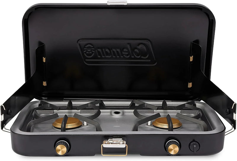 The 1900 series three-in-one propane camping stove, featuring a cast iron grill and frying pan accessories, has a power output of 24000 watts. It is equipped with an adjustable flame cover and excellent lighting device, and comes with two adjustable R5