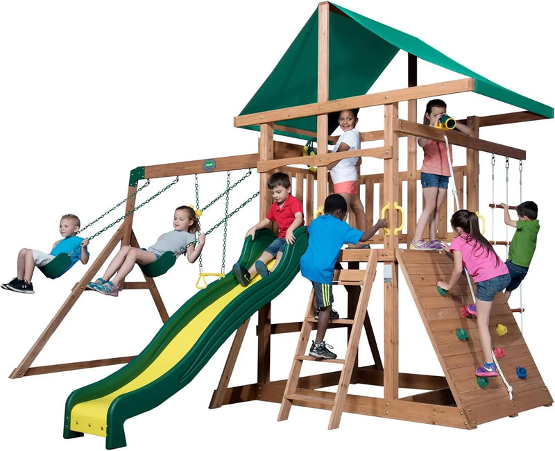 Mount Mckinley Cedar Wood Swing Set with Wave Slide, Play Deck, Double Rock Wall, Rope Ladder, Web Swing, Belt Swings, Toy Telescope, Steering Wheel, Sandbox Area, Outdoor Playset P9