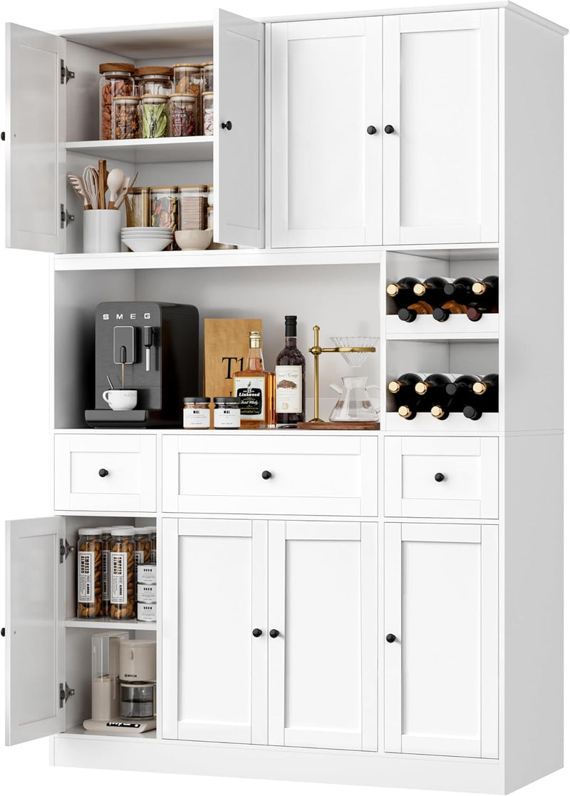 72" Tall Kitchen Pantry with Wine Rack, Pantry Cabinet with Microwave Stand, Large Hutch with Ample Storage, Hutch Cabinet for Kitchen, Dining, Living Room, White A9