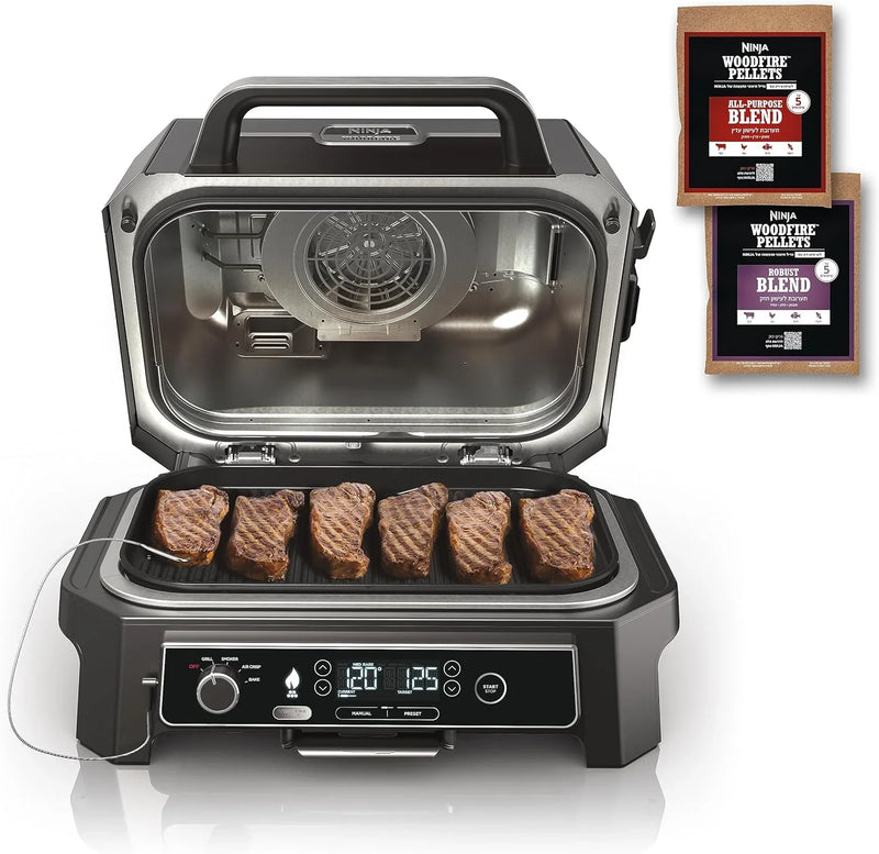 7-in-1 Grill & Smoker with Thermometer, Air Fryer, BBQ, Bake, Roast, Broil - Portable Electric Outdoor Grill, Grey A9