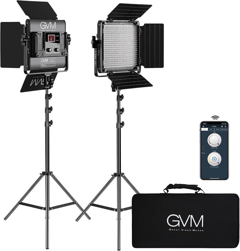 2 Pack LED Video Lighting Kits with APP Control, Bi-Color Variable 2300K~6800K with Digital Display Brightness of 10~100% for Video Photography, CRI97 TLCI97 Led Video Light Panel Barndoor B4