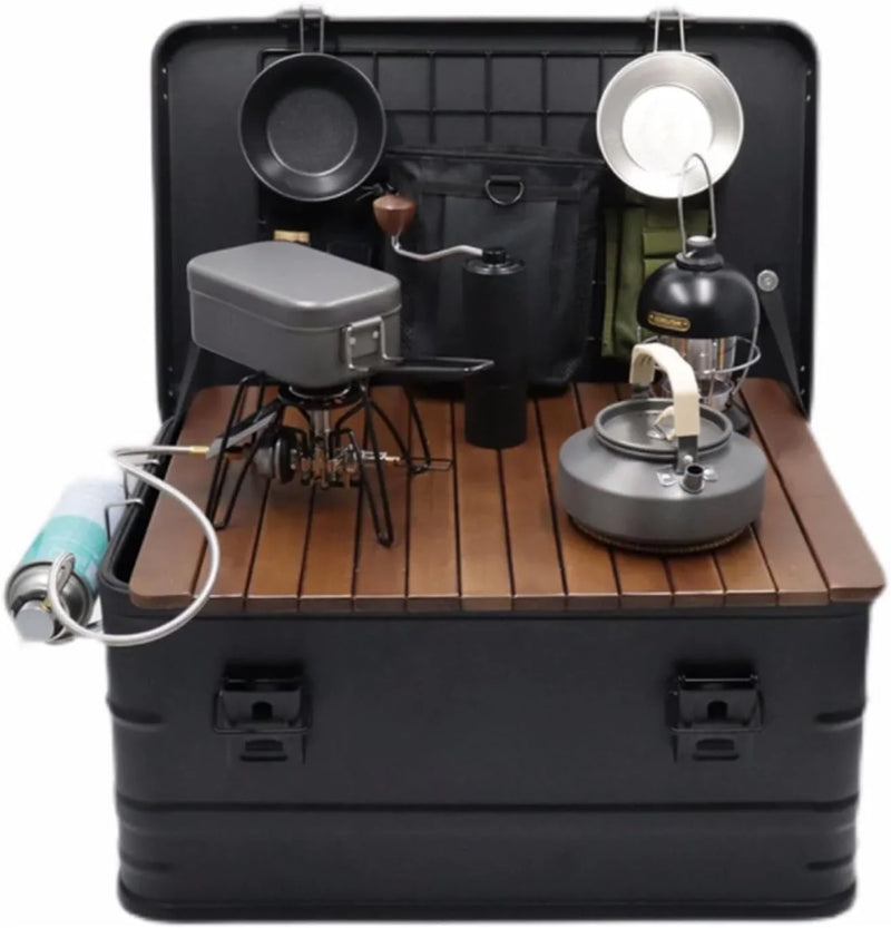 Camping box - Waterproof outdoor metal storage box, 47 liters, portable RV box, equipped with a wooden table and a set of 3 storage bags, large capacity storage box B2
