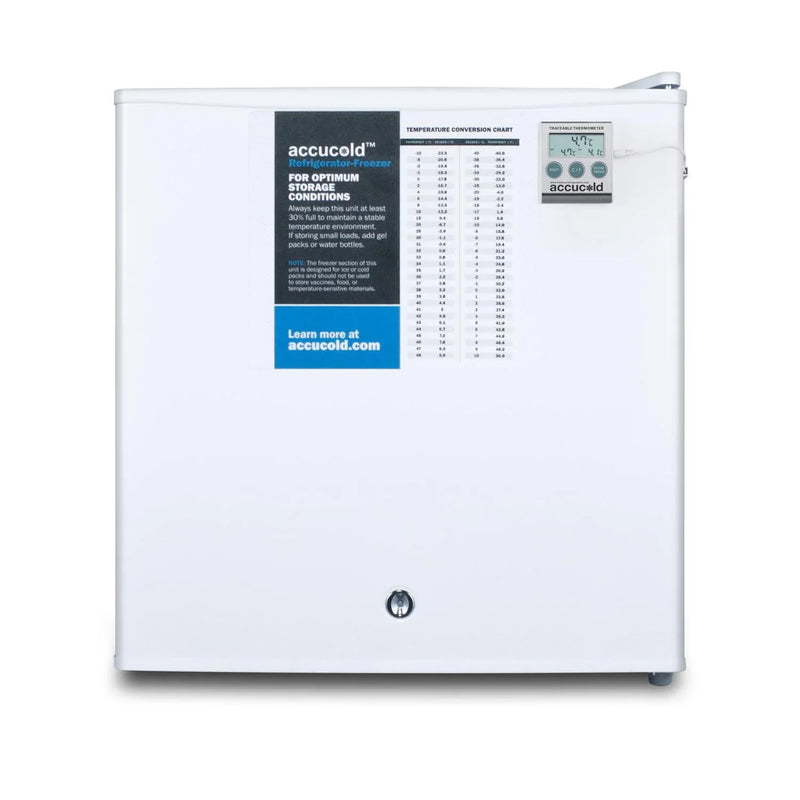 Compact refrigerator freezer, suitable for general use, with a white appearance, equipped with a NIST calibrated thermometer, manual defrosting device, hospital-grade power cord and front locking mechanism. E6