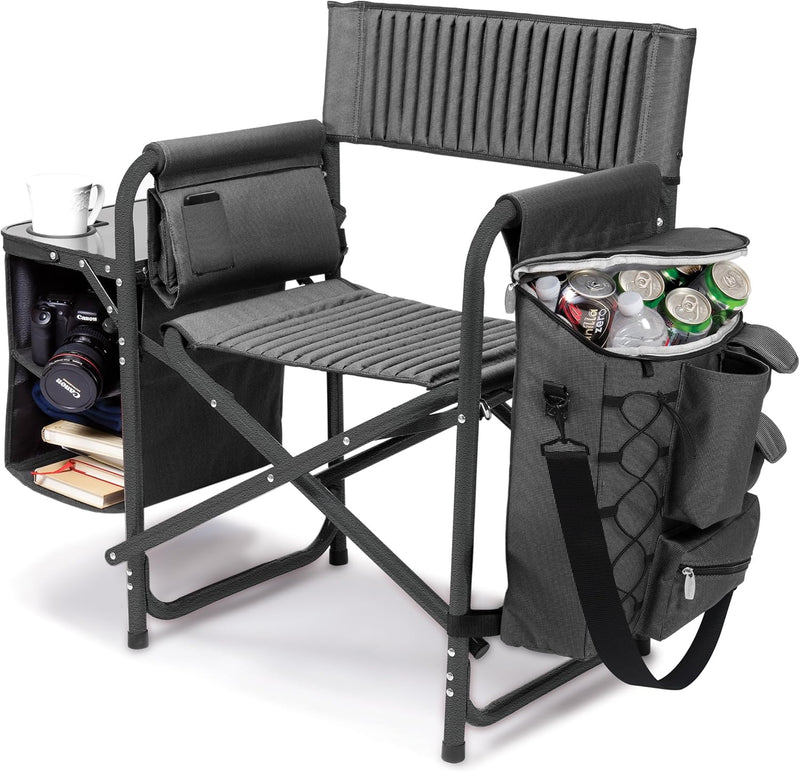The "Picnic Time" brand's outdoor folding chairs with a unique design feature a grey base and a black frame. The dimensions are 33 x 7 x 21. I1