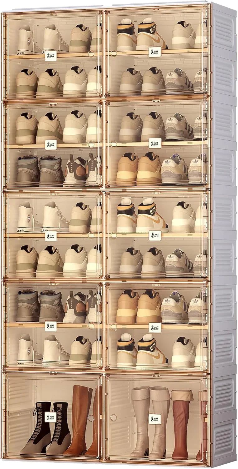 Portable shoe rack organizer, suitable for the entrance of the closet, stackable storage cabinet for sports shoes, shoe cabinet with magnetic transparent doors, large plastic storage container box (with lid), with 5 layers, can hold 20 pairs of shoes G0