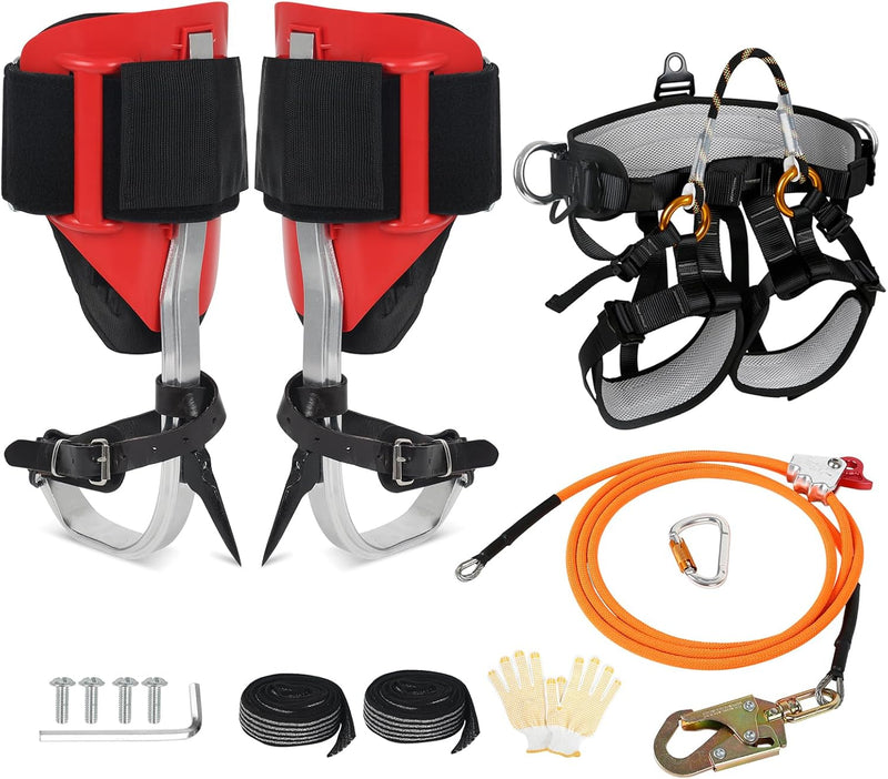 Tree Climbing Spikes Set for Tree Work, Adjustable Tree Climbing Gear with Safety Seat for Tree Climbing and 10FT Steel Wire Core Flip Line Kit for Outdoor Jungle Survival Fruit Picking K2