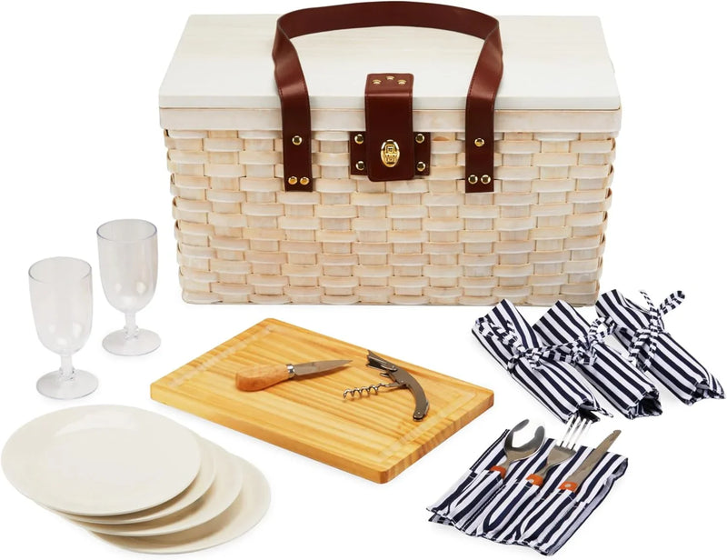 Outdoor picnic basket (with lid and handle), four-person picnic basket (including accessories) picnic equipment set (28-piece set) D6
