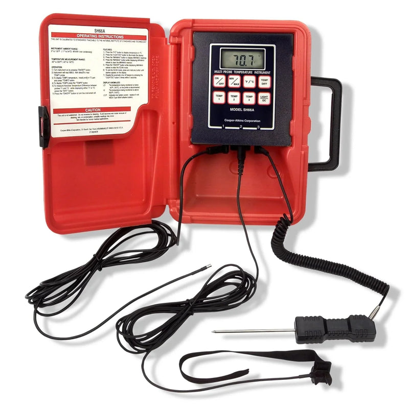 A thermoresistance thermometer with a liquid crystal display, in a red color, with a temperature range of -40°F to 300°F. R7