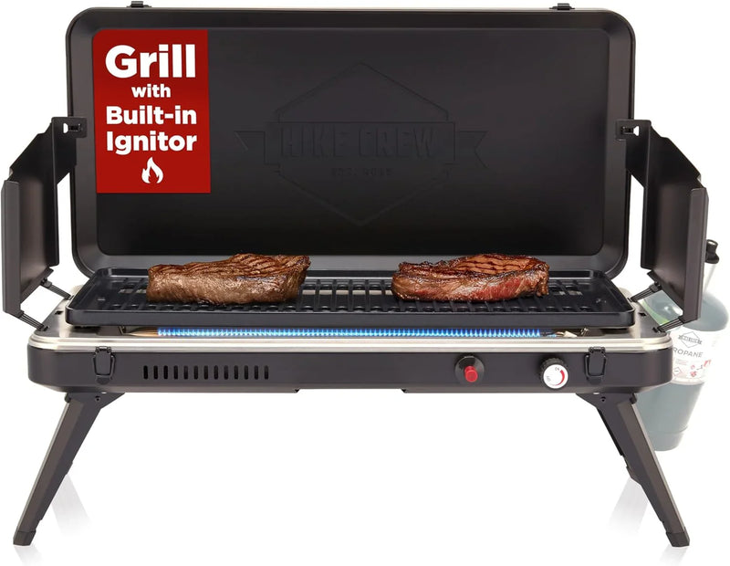 Gas camping barbecue grill | 13,000 watts | Portable liquefied gas burner | Foldable legs and feet | Integrated igniter and built-in regulator (with stainless steel drip tray) | Windproof panel and built-in handle X5