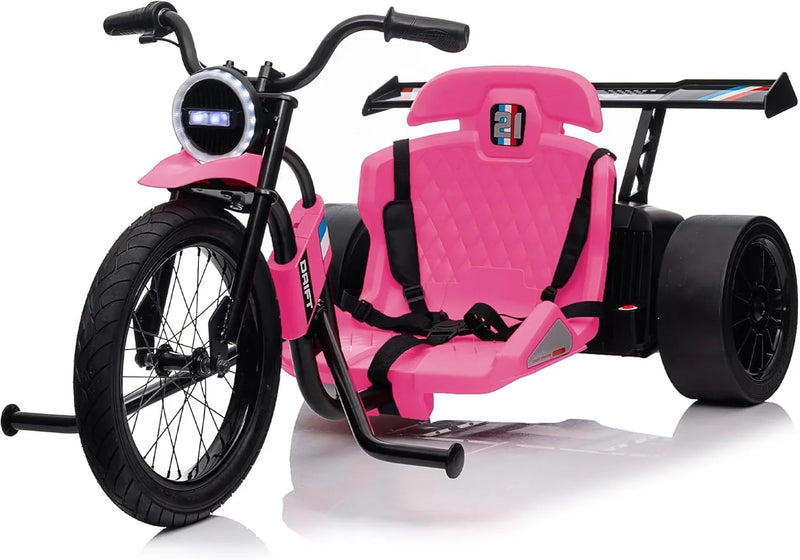 Children's electric drift tricycle, three-wheel electric drifting bicycle, equipped with LED lights, 16-inch inflatable tires, battery-powered, suitable for boys and girls aged 8 and above, outdoor electric driving vehicle (black) I9