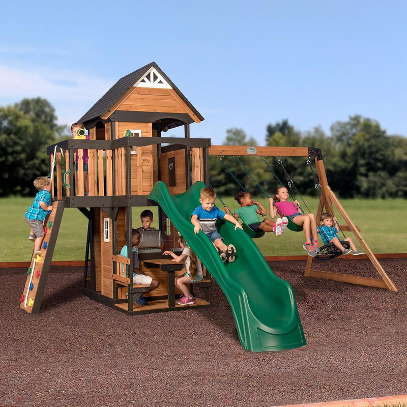 Canyon Creek Cedar Wood Swing Set with Wave Slide, Clubhouse, Play Kitchen, Picnic Area, Belt Swings, Web Swing, Rock Wall, Balconies, Playhouse, Step Ladder, Outdoor Playset X1