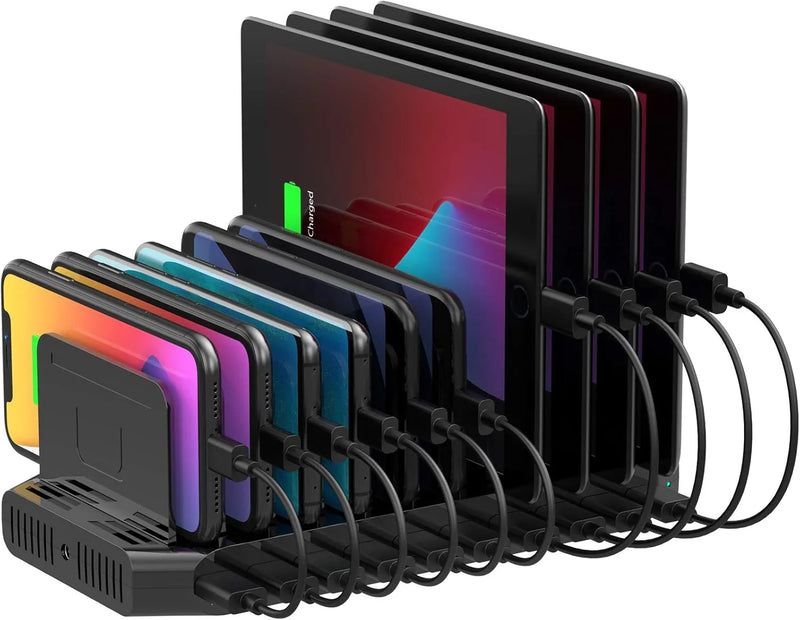 A charging interface station with 10 USB fast charging ports and adjustable partitions, suitable for charging multiple devices such as iPads, iPhones, tablets and mobile phones - 5-piece set, black V7