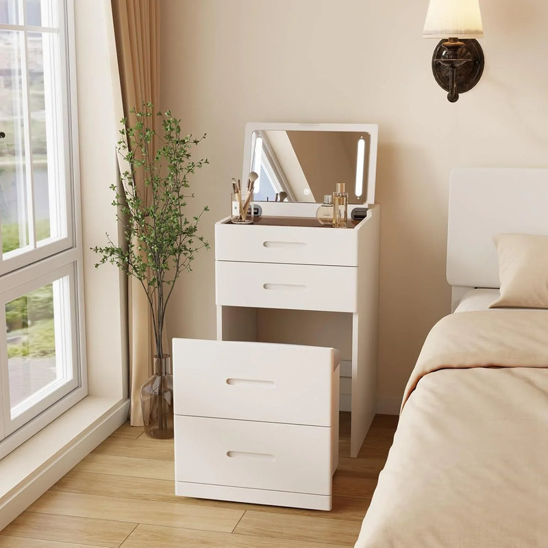 Solid Wood 3 in 1 Vanity Desk with Flip Top Mirror, No Assembly, Compact Vanity with Hidden Chair, Small Makeup Vanity Set with Power Outlet, Dressing Table for Bedroom, White J9