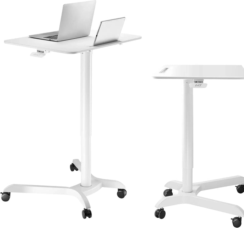 Portable laptop desk cart (3 feet 8 inches) - Mobile rolling desk - Computer projector cart - Adjustable height foldable mobile folding table - White mobile frame with brake wheels J2