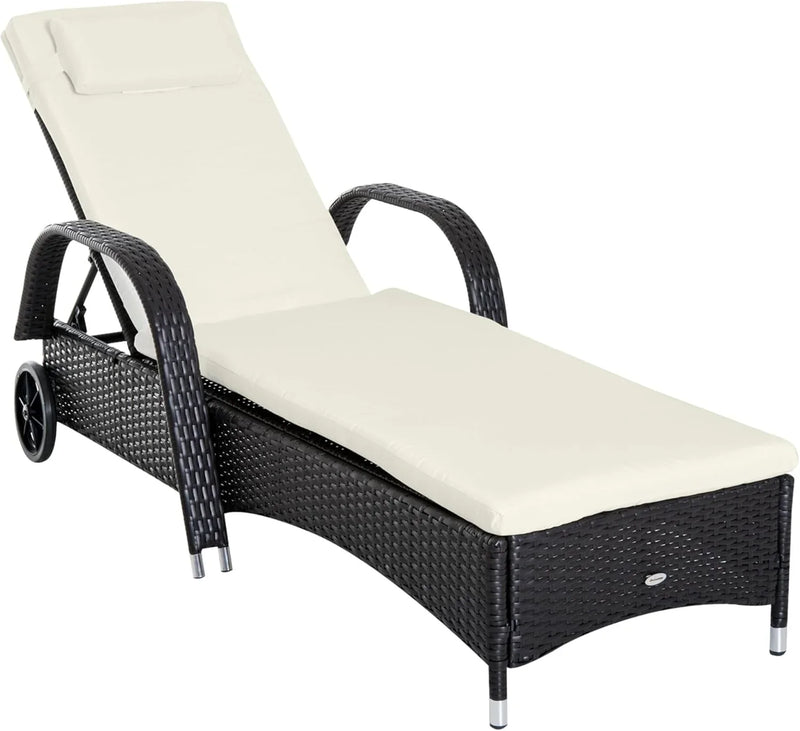 Wicker Outdoor Chaise Lounge, 5-Level Adjustable Backrest PE Rattan Pool Lounge Chair with Wheels, Cushion & Headrest, Brown and Dark Blue J2