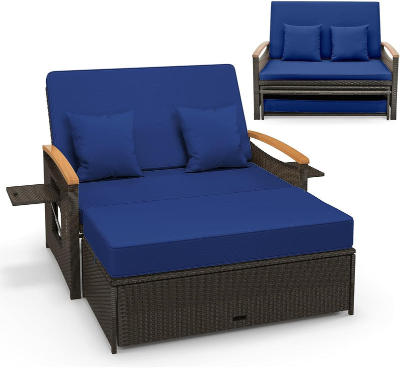 Moccha Outdoor Wicker Daybed, Patio Rattan Loveseat Sofa w/ 4-Level Adjustable Backrest, Folding Panels, Storage Ottoman & Cushions, Lounge Furniture Set for Poolside Backyard Porch (Beige) C4