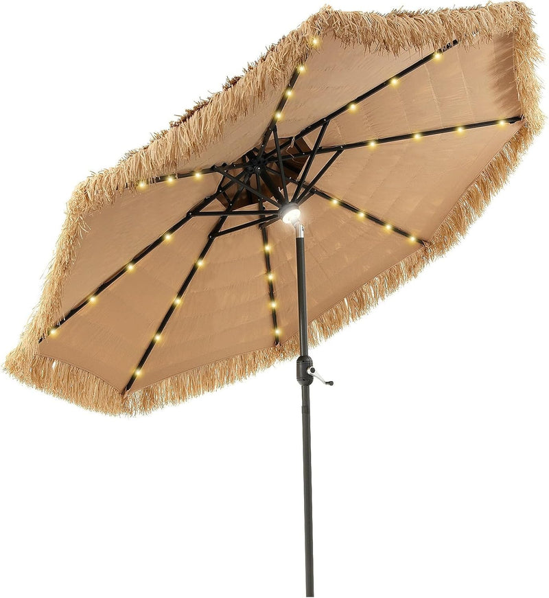 Mud-cloth style ti-ki courtyard shade umbrella - Two-layer Hawaiian lei-style inclined beach shade umbrella, equipped with 33 LED lights, 8 umbrella ribs and a rotatable lifting device, solar-powered lawn-type courtyard shade umbrella, tropical palm A8