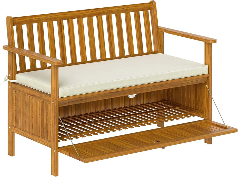 Outdoor bench with storage box, 28-gallon outdoor storage bench, garden seat made of rosewood with cushion, suitable for parks, balconies, and terraces, double-person outdoor furniture, made of teak material E7
