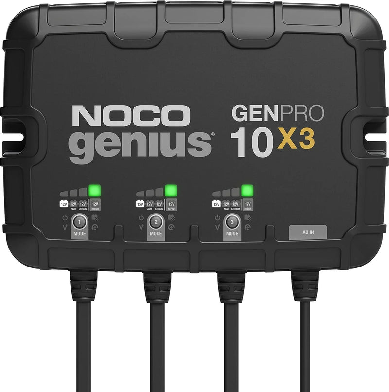 Three sets of batteries, 30-ampere built-in battery charger - Each set consists of 10-ampere, 12-volt waterproof marine charger, featuring overcharge protection and temperature compensation functions - Suitable for lead-acid batteries and lithium bat Q1