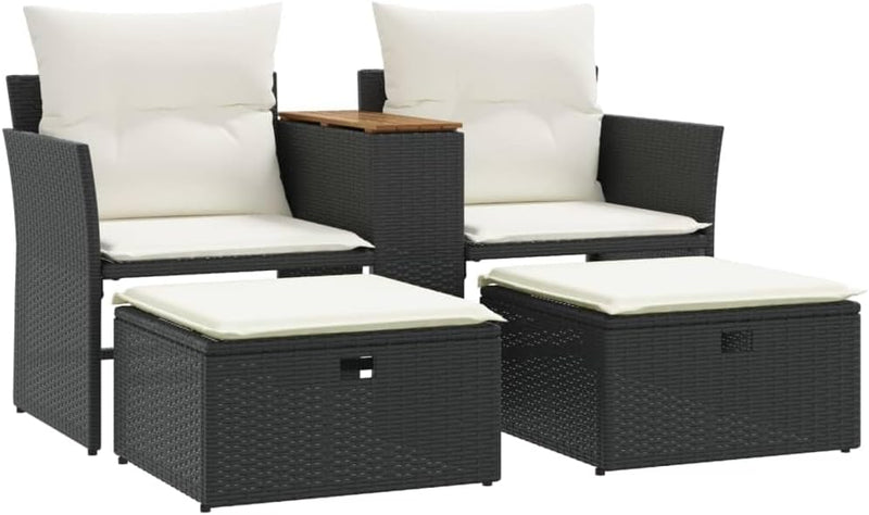 Multi-functional balcony sofa (for two people, with sunshade) - Black polyester wicker double-seat sofa, with built-in table, stool and washable cushion V8