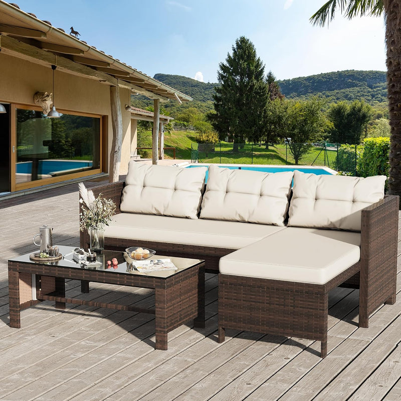 Outdoor Patio Furniture Sets, Wicker Patio sectional Sets 3-Piece, All Weather Wicker Rattan Patio Seating Sofas with Glass Coffee Table and Cushion (Beige) M9