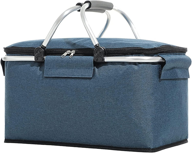 Folding Insulated Cooler Picnic Basket Portable Insulated Lunch Bag Large Lunch Bag with Aluminium Handles for Office Camping Hiking Outdoor Picnic I6