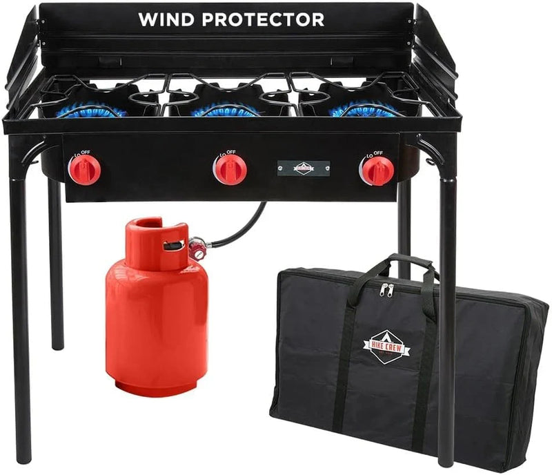 Dual-burner outdoor gas stove | 150,000 British thermal units portable propane stove, with blue flame control, detachable legs, temperature control knob, windproof panel, hose, regulator and storage box D6