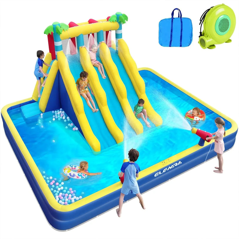 20.66x16.4FT Inflatable Water Slide for Big Kids, Water Park for Kids Backyard with Large Double-Layer Pool,3 Extra-Long Slides,Climbing Wall, 2 Water Cannons, Water Spraying, 750W Air Blower X2