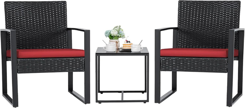 3 Pieces Patio Set Outdoor Wicker Furniture Sets Modern Rattan Chair Conversation Sets with Coffee Table for Yard and Bistro (Black) R0