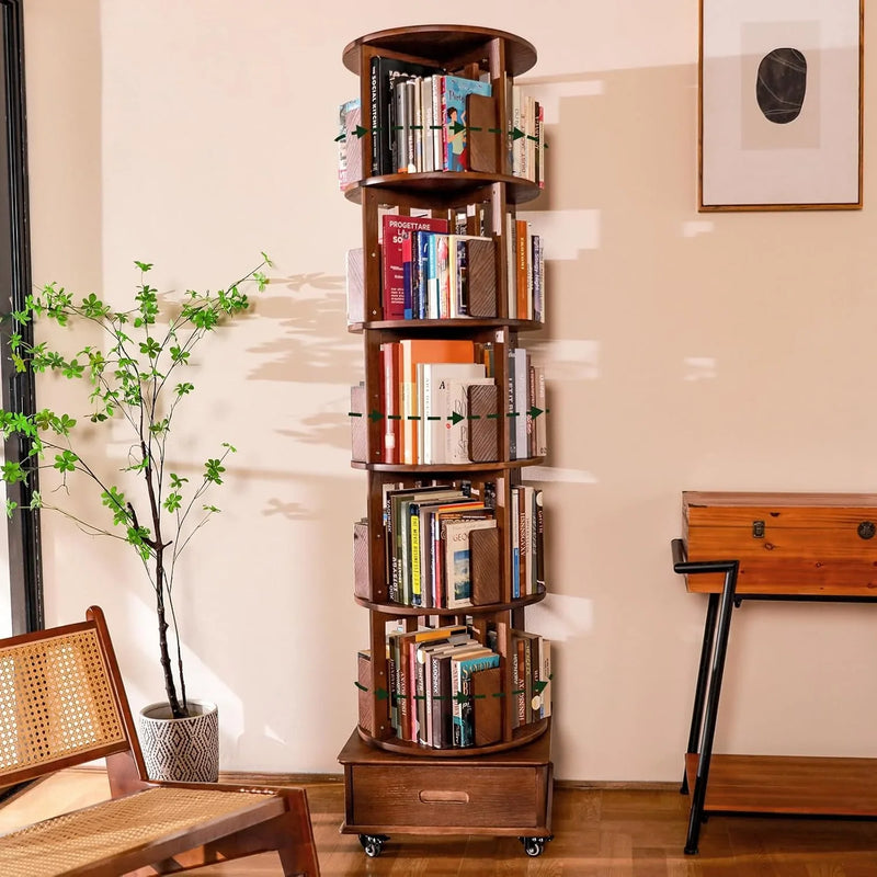 Solid wood rotating bookshelf, 360° display cabinet, with 1 drawer, rotating bookshelf tower with wheels, 72-inch high bookcase suitable for small spaces, rotating bookshelf for home office, walnut finish X1