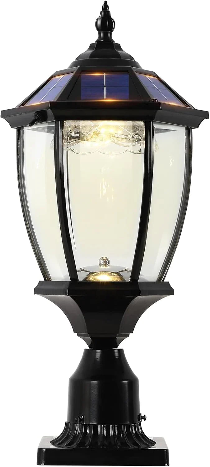 2-Heads Outdoor Solar Lamp Post Lights with Dusk to Dawn Sensor, Classic Exterior Solar Pole Lights with Waterproof, Black Street Lights with Clear Glass for Garden, Patio, Pathway, Driveway M9